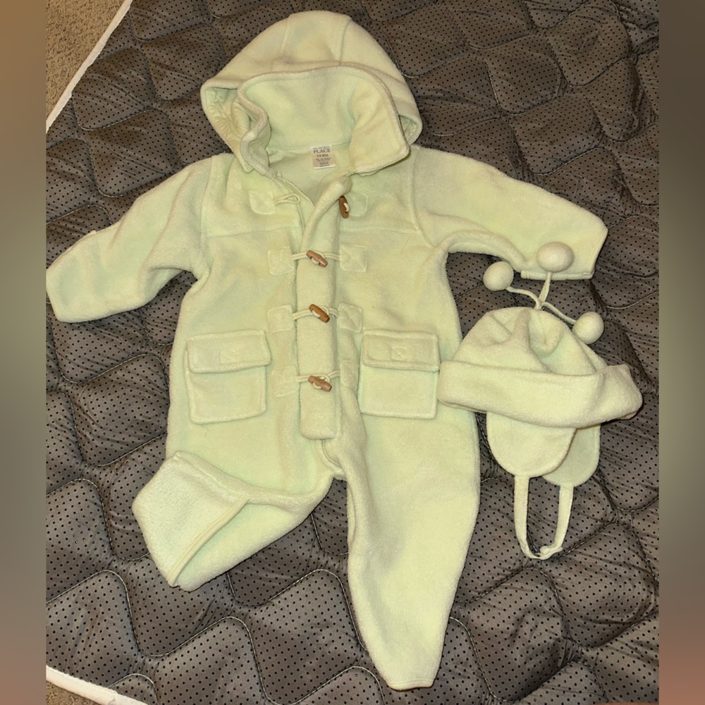 The Children's Place Soft Green Baby Coverall with Hat, Convertible Mitten/Foot